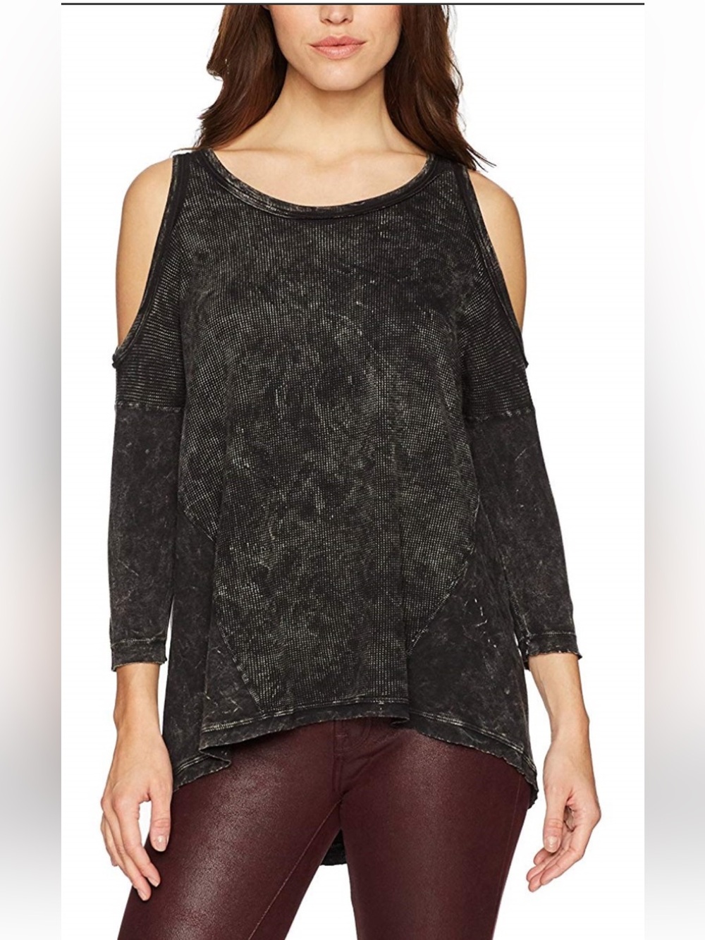 Three Dots Black Mineral-Wash Cold-Shoulder Top